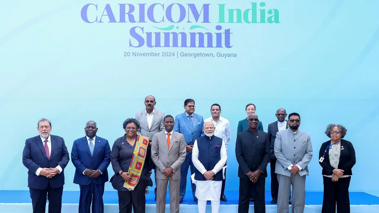 Prime Minister Narendra Modi with leaders from the Caribbean partner countries during a group photo at the second India-Caribbean Community (CARICOM) Summit, in Georgetown, Guyana, Wednesday, Nov. 20, 2024.