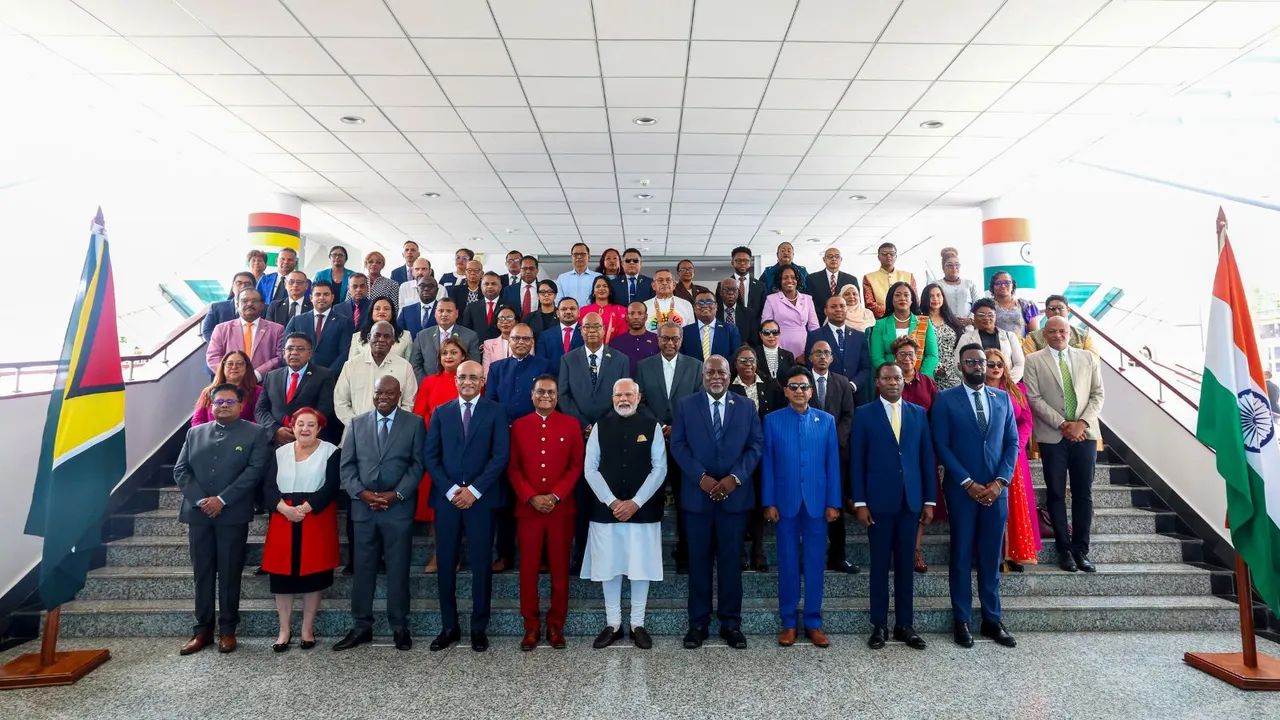 Prime Minister Narendra Modi and others during a group photo after a special session of the National Assembly of the Parliament of Guyana, in Georgetown, Guyana, Thursday, Nov. 21, 2024.