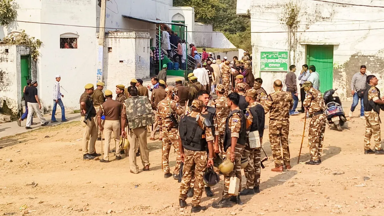 Security personnel keep vigil ahead of Friday prayers amid the ongoing controversy regarding the Jama Masjid, in Uttar Pradesh's Sambhal district, Friday, Nov. 22, 2024.