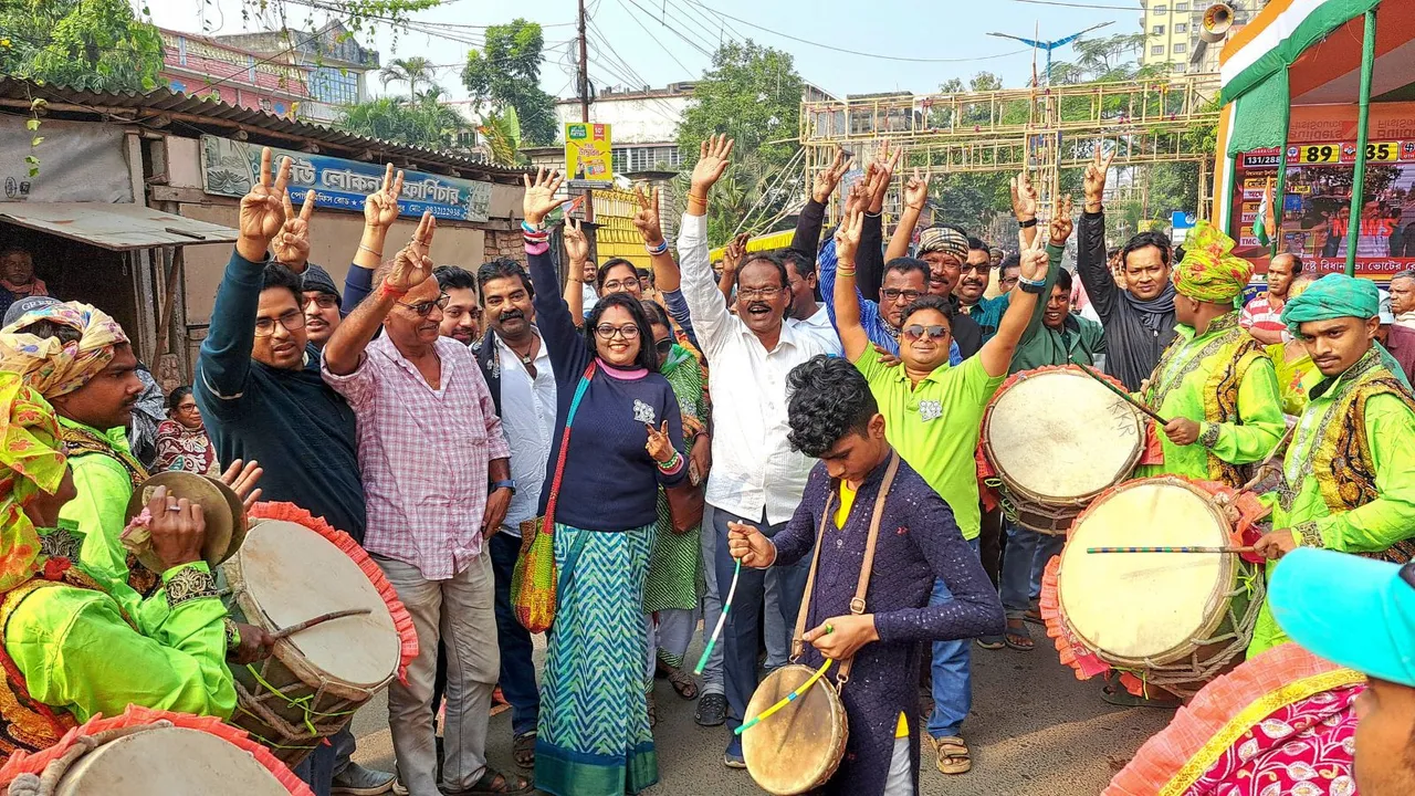 Trinamool Congress supporters celebrate party candidate Sujoy Hazra's victory in Medinipur Sadar by-elections, in West Medinipur, Saturday, Nov. 23, 2024.