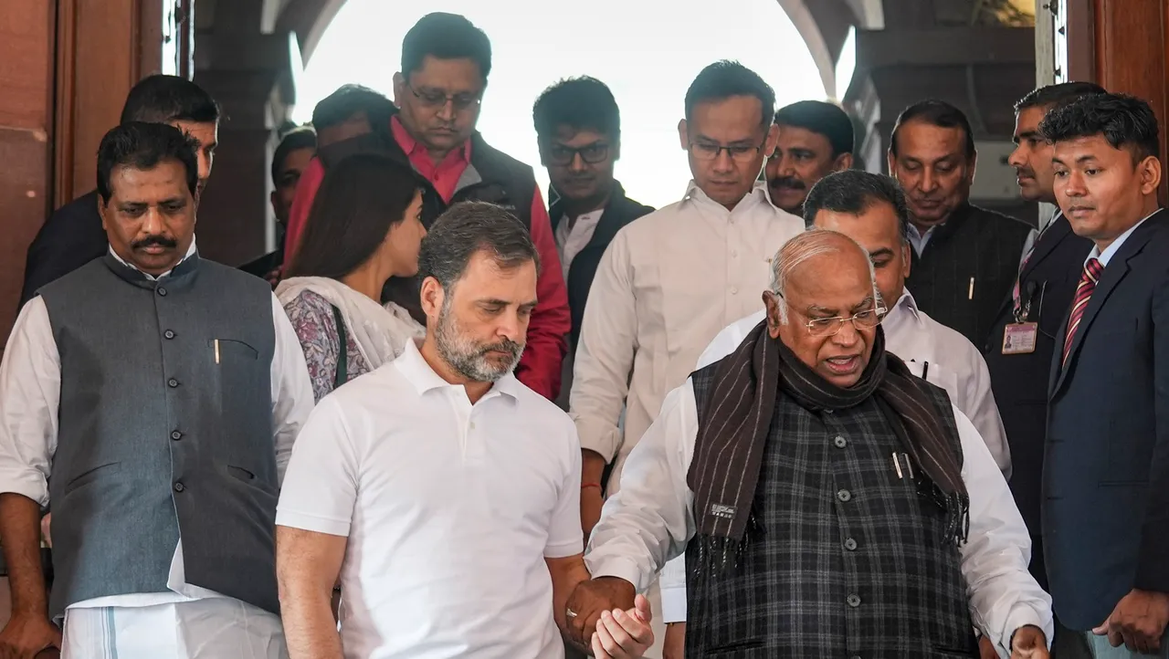 Leader of Opposition in Lok Sabha Rahul Gandhi, Leader of Opposition in Rajya Sabha Mallikarjun Kharge and other leaders arrive for the ongoing Winter session of Parliament, in New Delhi, Wednesday, Nov. 27, 2024