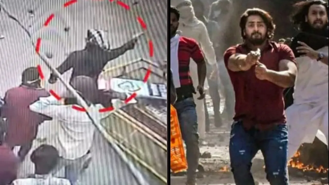 Screengrab of CCTV footage of Sambhal riots and (Rihgt) Shahrukh Pathan pointing a pistol at a police constable during the 2020 Northeast Delhi riots