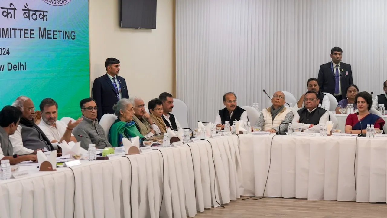 Mallikarjun Kharge with Rahul Gandhi, Ajay Maken, Kumari Selja, Priyanka Gandhi Vadra, and others during the Congress Working Committee meeting, at the AICC headquarters in New Delhi, Friday, Nov. 29, 2024.