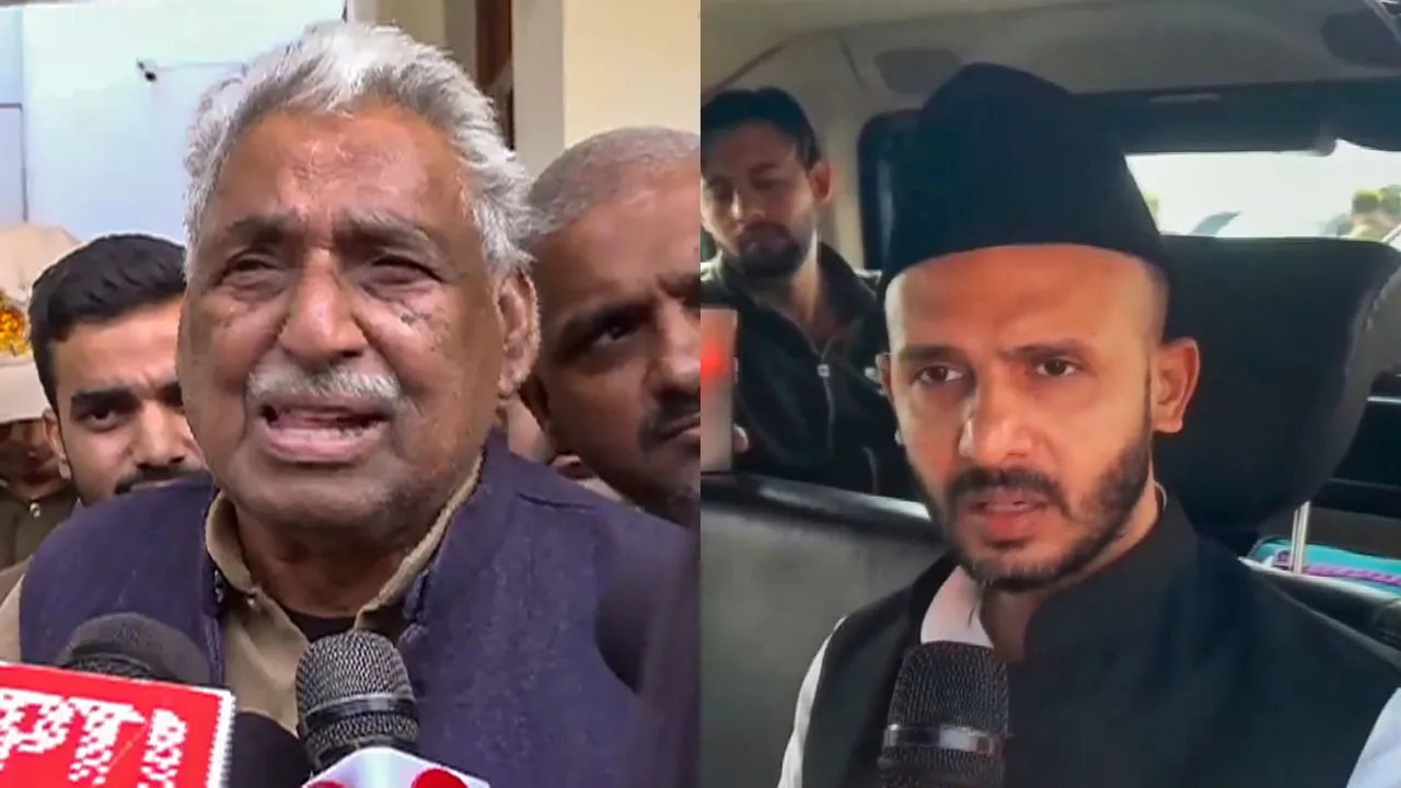 Samajwadi Party leader Mata Prasad Pandey and Zia ur Rahman Barq speaks with the media, Saturday, Nov. 30, 2024.