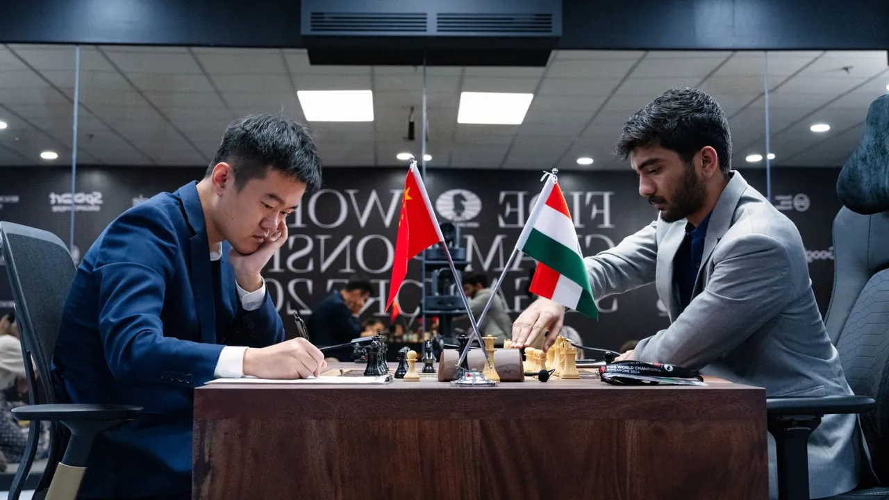India's D Gukesh plays against Ding Liren of China at the FIDE World Championship 2024, in Singapore