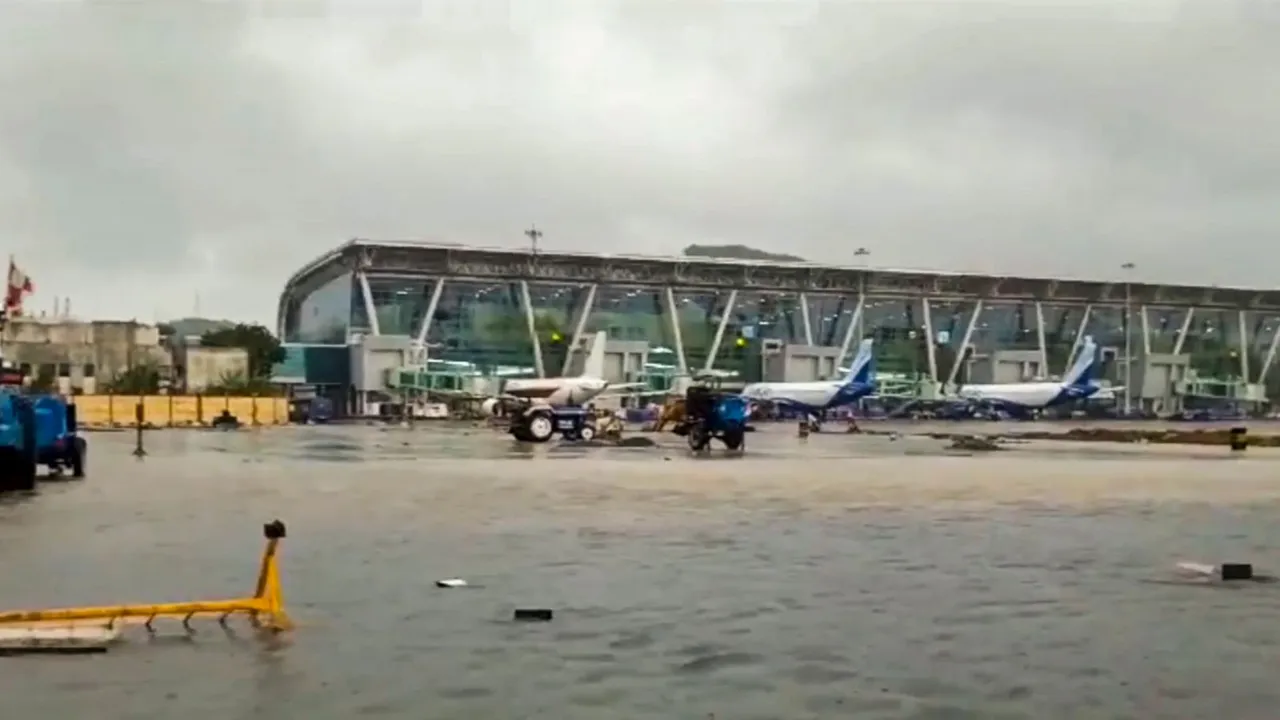 An area at the airport is seen inundated with rainwater at the airport amid heavy rainfall, in Chennai, Saturday, Nov. 30, 2024.