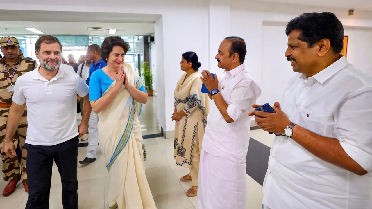Leader of Opposition in Lok Sabha Rahul Gandhi and Congress General Secretary and MP Priyanka Gandhi being welcomed by party leaders upon their arrival at Calicut airport, in Kozhikode, Kerala, Saturday, Nov. 30, 2024.