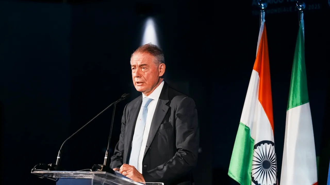 Italian Minister of Business and Made in Italy Adolfo Urso addresses a gathering at the 'Villaggio Italia' exposition, being held to coincide with the port of call of Italian Navy ship 'Amerigo Vespucci' as part of its world tour, in Mumbai, Saturday, Nov. 30, 2024.