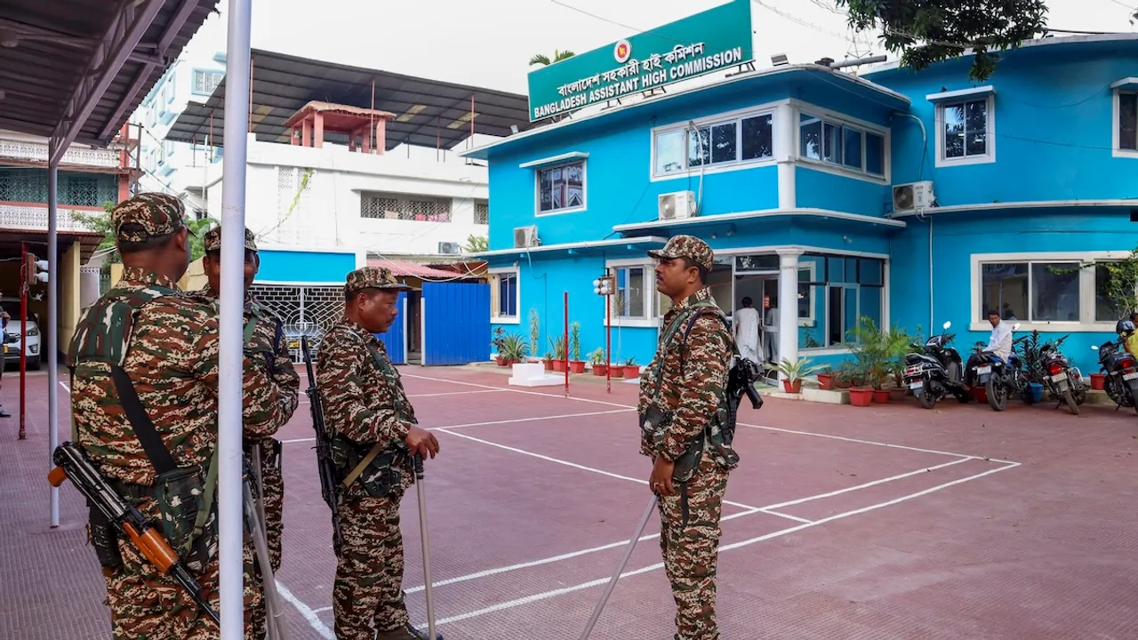 Security personnel keep vigil amid heightened security at the Bangladesh Assistant High Commission after protests erupted in Tripura over alleged attacks on Hindus in Bangladesh, in Agartala, Monday, Dec. 2, 2024.