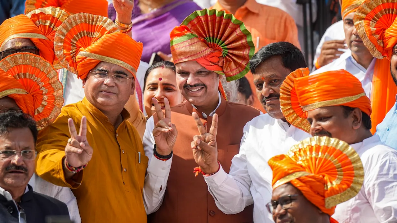 Devendra Fadnavis with elected BJP MLAs after the BJP legislature meeting, at Vidhan Bhavan, in Mumbai, Wednesday, Dec. 4, 2024.