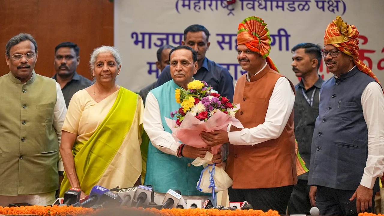 Nirmala Sitharaman and Vijay Rupani with party leaders Vinod Tawde and Chandrashekhar Bawankule felicitate party leader Devendra Fadnavis after the BJP legislature meeting, at Vidhan Bhavan in Mumbai on Wednesday, Dec. 4, 2024