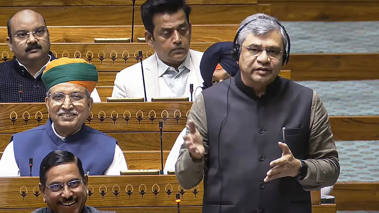 Union Minister Ashwini Vaishnaw speaks in the Lok Sabha during the Winter session of Parliament, in New Delhi, Wednesday, Dec. 4, 2024.