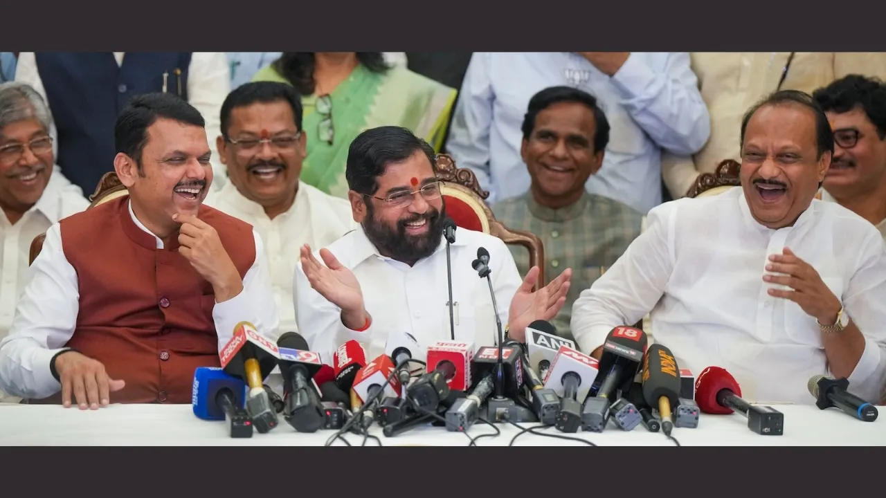 Shiv Sena chief Eknath Shinde with BJP leader Devendra Fadnavis and NCP chief Ajit Pawar during a press conference, at Governor house in Mumbai, Wednesday, Dec. 4, 2024.