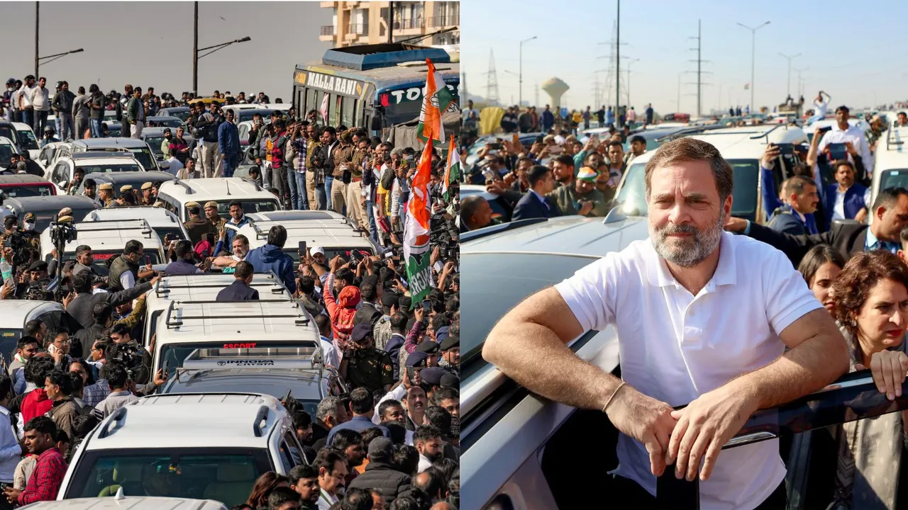 Leader of Opposition in the Lok Sabha Rahul Gandhi and supporters after they were stopped at the Ghazipur border on their way to visit violence-hit Sambhal, in Ghaziabad, Wednesday, Dec. 4, 2024.