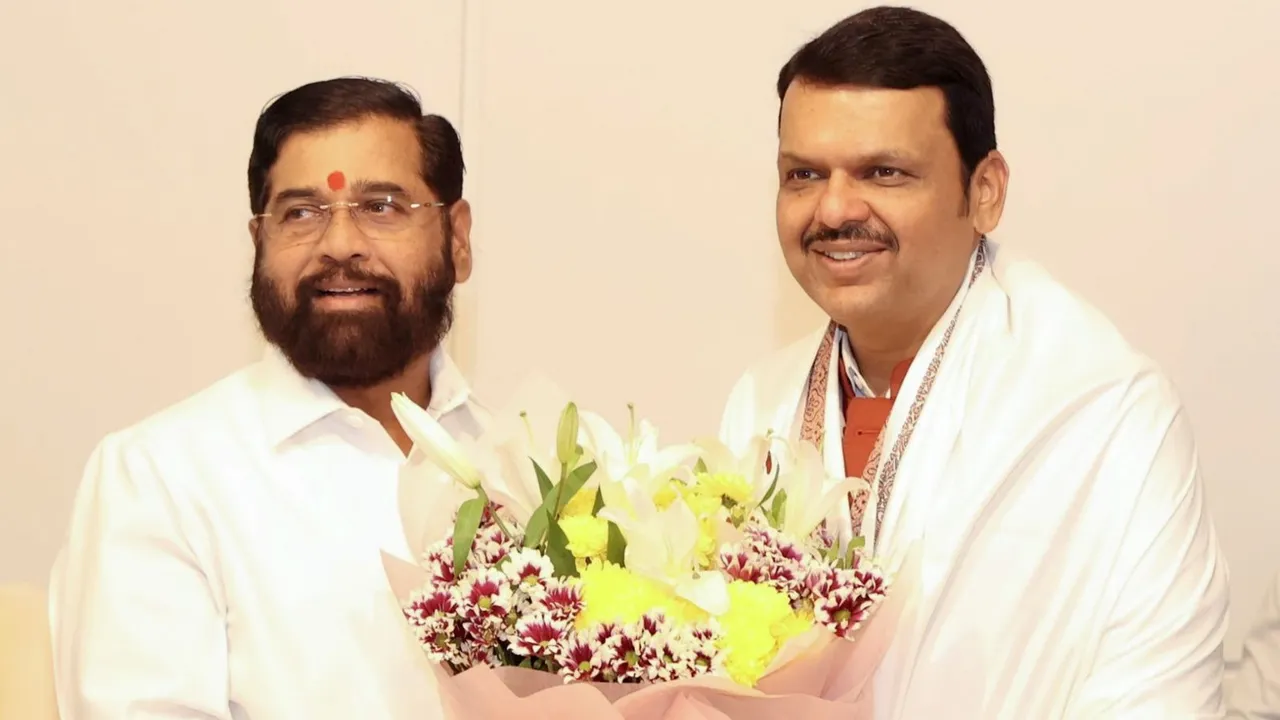Maharashtra Chief Minister-designate Devendra Fadnavis with Shiv Sena leader Eknath Shinde, in Mumbai