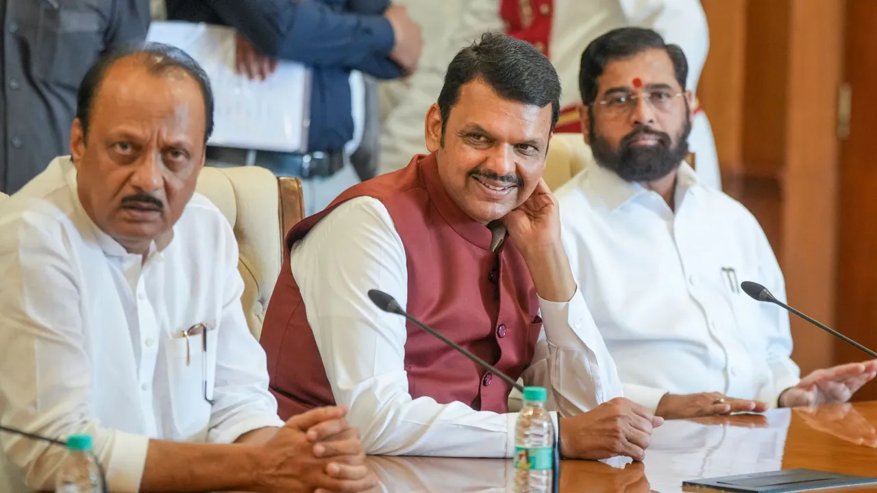 Shiv Sena chief Eknath Shinde with BJP leader Devendra Fadnavis, NCP chief Ajit Pawar during a press conference, at Governor house in Mumbai, Wednesday, Dec. 4, 2024.