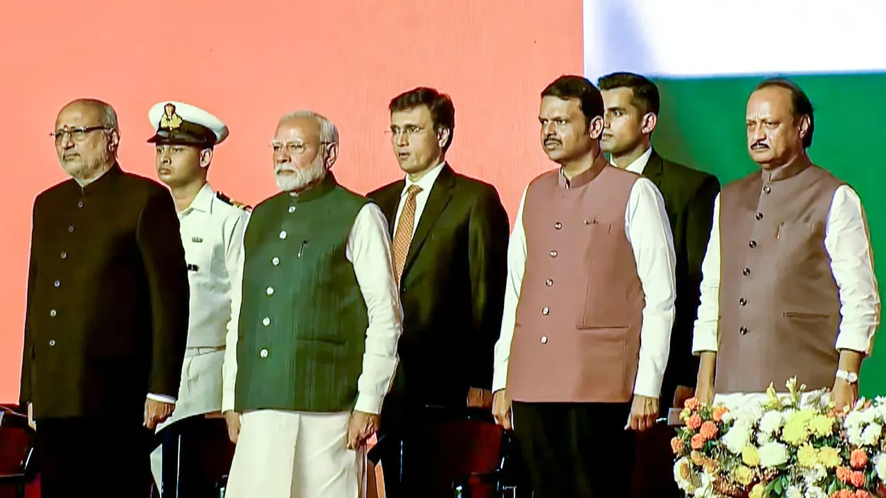 Prime Minister Narendra Modi, Maharashtra Governor CP Radhakrishnan, BJP leader Devendra Fadnavis and NCP (Ajit faction) leader Ajit Pawar during the swearing in ceremony, in Mumbai, Thursday, Dec. 5, 2024.