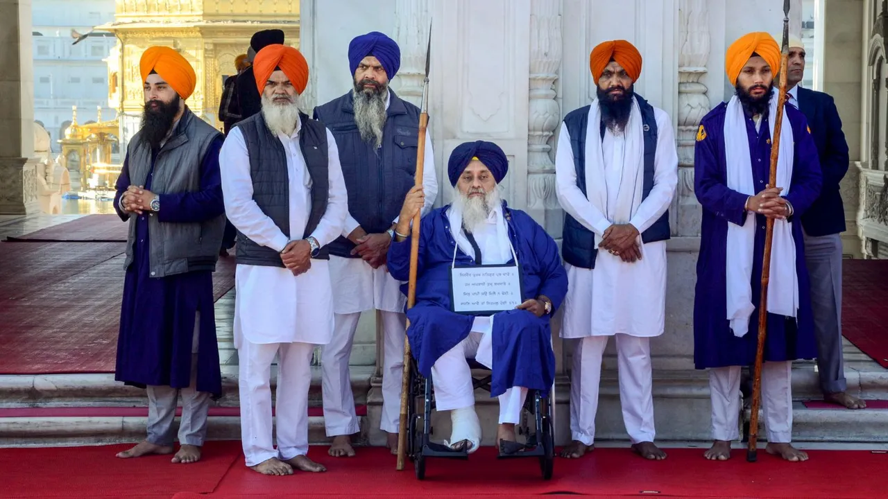 Shiromani Akali Dal leader Sukhbir Singh Badal at the Golden Temple to serve the 'tankhah' (religious punishment) given to him by the Akal Takht, in Amritsar