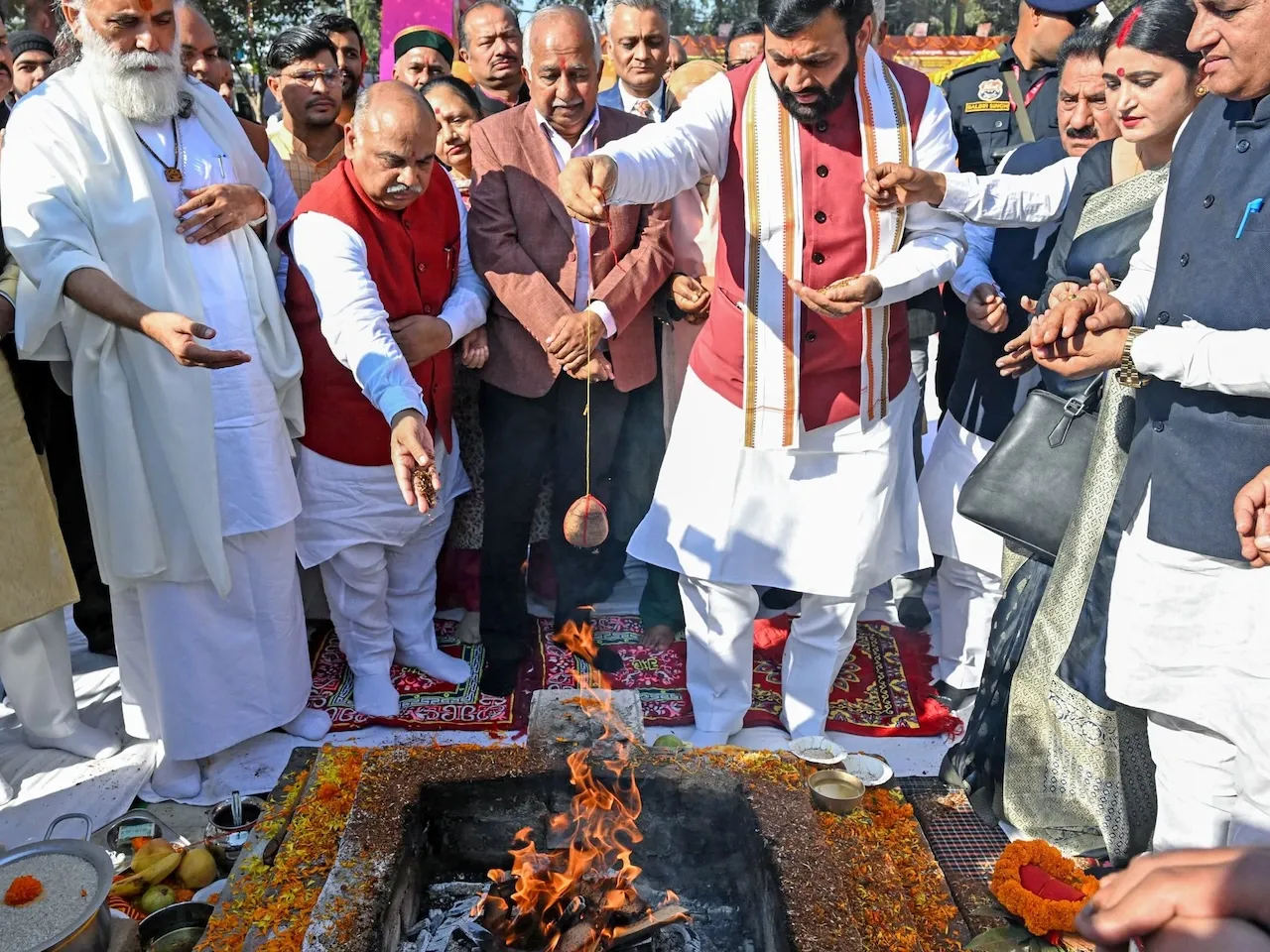Haryana CM Nayab Singh Saini participates in a Havan at International Gita Mahotsav in Kurukshetra on Thursday, December 5, 2024.