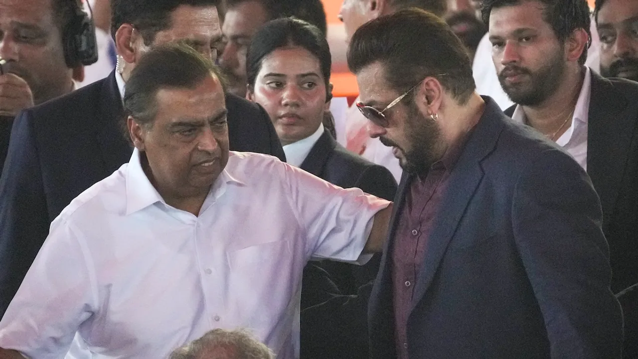 Mukesh Ambani and Salman Khan during the swearing-in ceremony of Devendra Fadnavis as Maharashtra Chief Minister in Mumbai on Thursday, Dec. 5, 2024.
