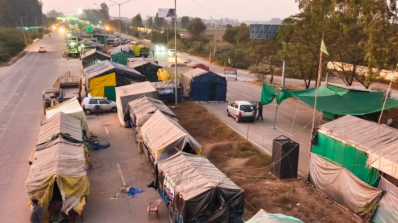 Tents put up by farmers at the Shambhu border ahead of their proposed march to the national capital on December 6, near Patiala, Thursday, Dec. 5, 2024.