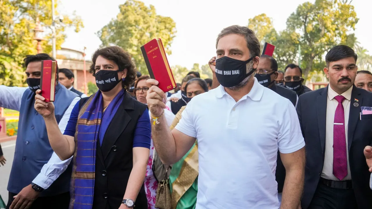 Leader of Opposition in the Lok Sabha Rahul Gandhi and Congress MP Priyanka Gandhi take part in a protest march of opposition MPs over Adani issue during the Winter session of Parliament, in New Delhi, Friday, Dec. 6, 2024.