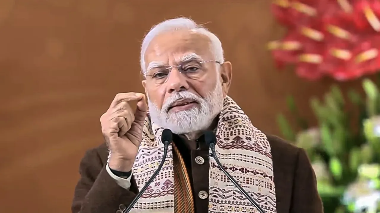 Prime Minister Narendra Modi addresses the gathering during the inauguration of the 'Ashtalakshmi Mahotsav' at the Bharat Mandapam, in New Delhi, Friday, Dec. 6, 2024.