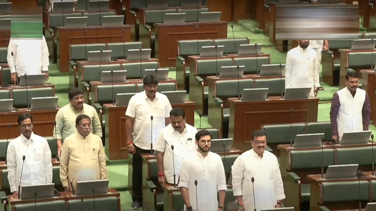 Shiv Sena (UBT) MLA Aaditya Thackeray and other legislators during a special three-day session of Maharashtra Assembly, in Mumbai, Saturday, Dec. 7, 2024.