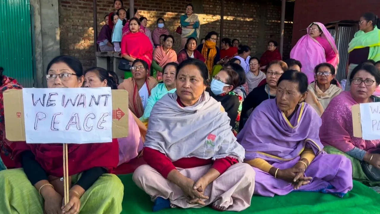 Women stage a protest against the deployment of central security forces in Manipur's valley region, at Telipati in Imphal East district, Manipur