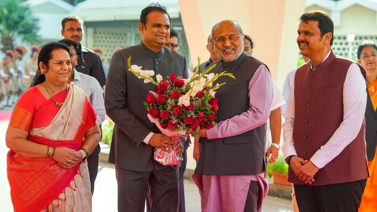 Maharashtra Governor C.P. Radhakrishnan with Chief Minister Devendra Fadnavis, Maharashtra Legislative Assembly Speaker Rahul Narwekar and Maharashtra Legislative Council Deputy Chairperson Neelam Gorhe during a special three-day session of the Assembly, in Mumbai, Monday, Dec. 9, 2024.