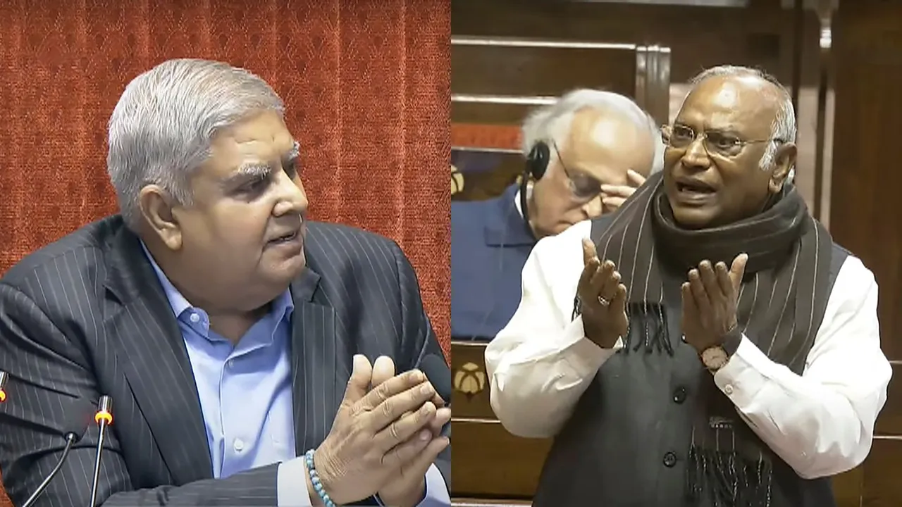 Rajya Sabha Chairman Jagdeep Dhankhar conducts proceedings as Leader of Opposition Mallikarjun Kharge speaks in the House during the Winter session of Parliament, in New Delhi, Monday, Dec. 9, 2024.
