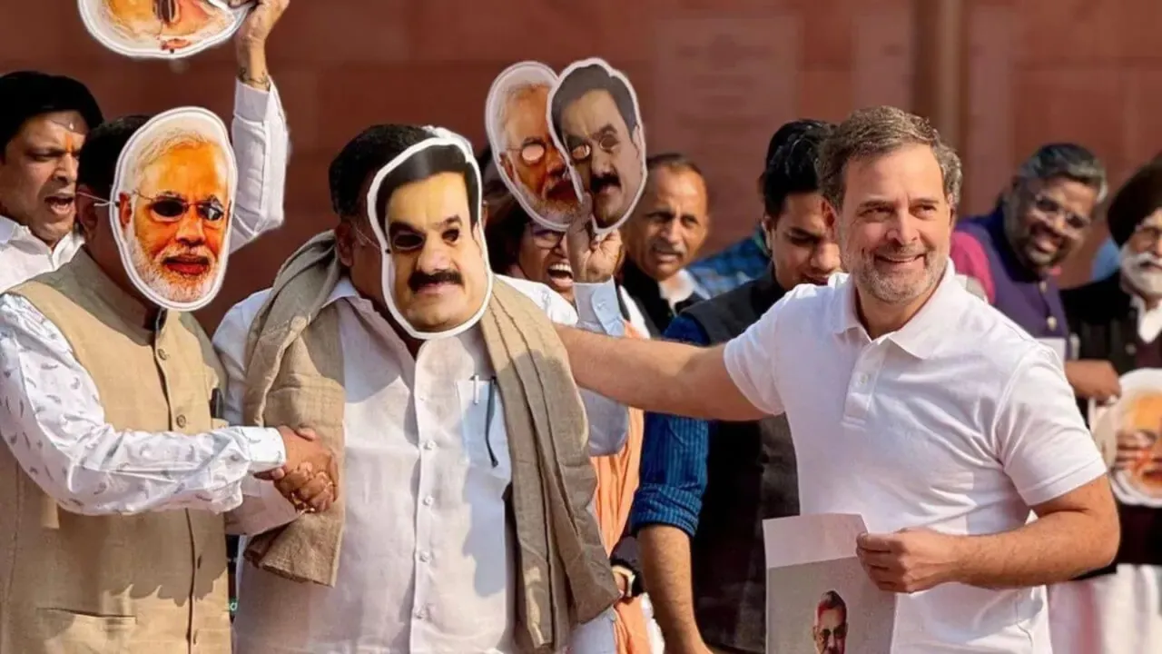 Rahul Gandhi takes a mock interview of Congress MPs Manickam Tagore and Saptagiri Sankar Ulaka, wearing face masks of Prime Minister Narendra Modi and Adani Group Chairman Gautam Adani, at Parliament, in New Delhi, Monday, Dec. 9, 2024.