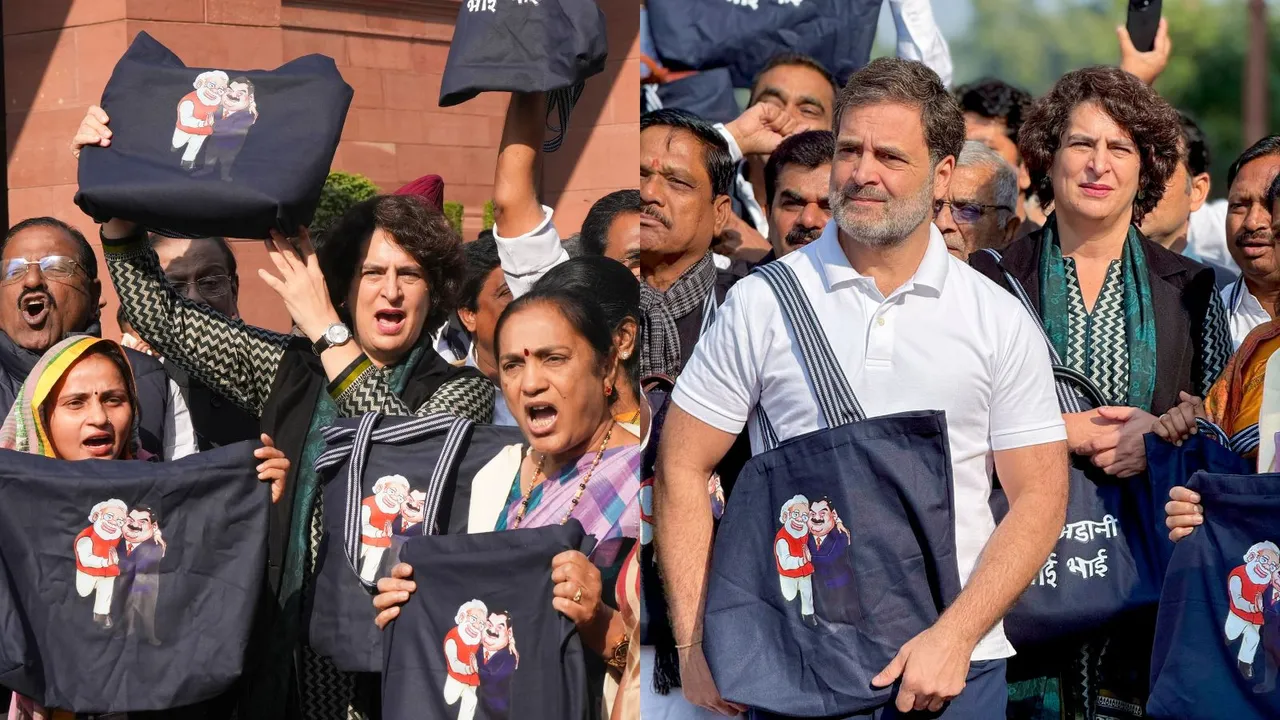 LoP in the Lok Sabha and Congress MP Rahul Gandhi with party MP Priyanka Gandhi Vadra stages a protest, during the Winter session of Parliament, in New Delhi, Tuesday, Dec. 10, 2024.