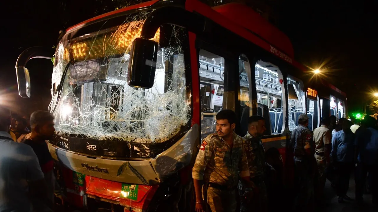 The damaged Brihanmumbai Electric Supply and Transport (BEST) undertaking's bus after it rammed into pedestrians as well as vehicles on a road at Kurla, in Mumbai, Monday, Dec. 9, 2024.