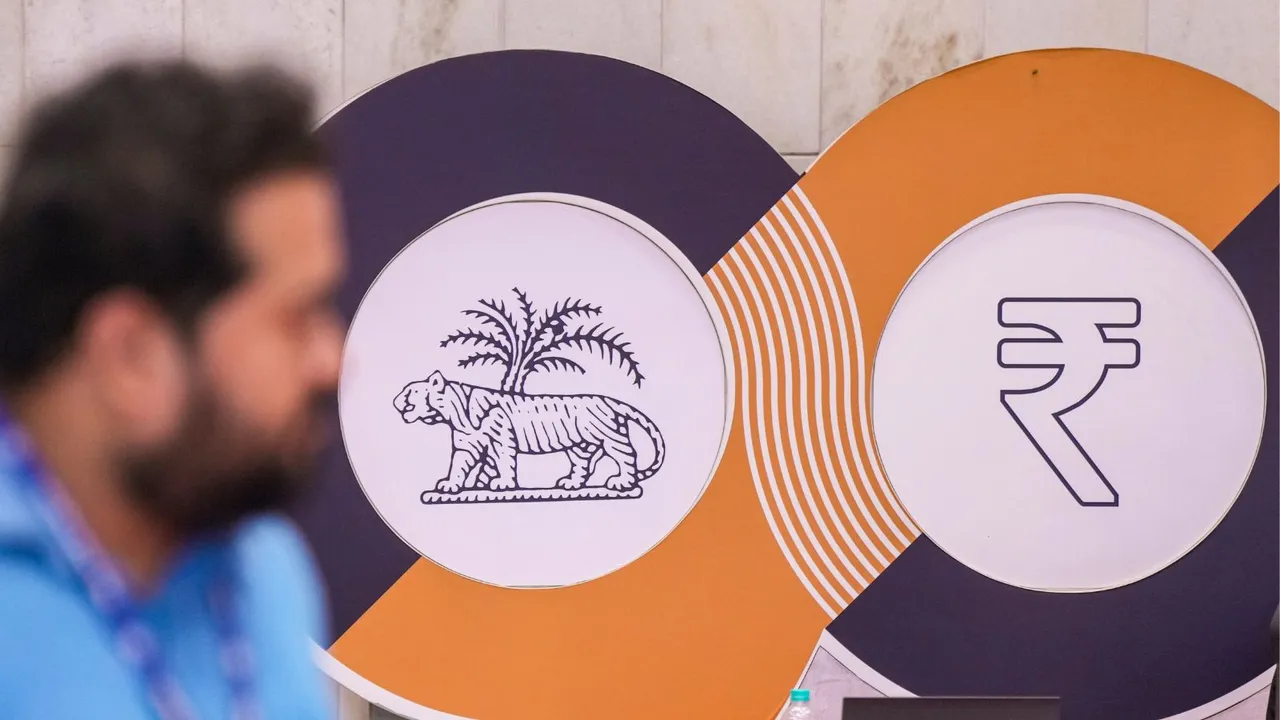 RBI logo outside the Reserve Bank of India's headquarters, in Mumbai