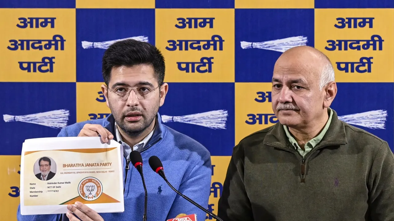 AAP leaders Manish Sisodia and Raghav Chadha address a press conference, in New Delhi, Wednesday, Dec. 11, 2024.