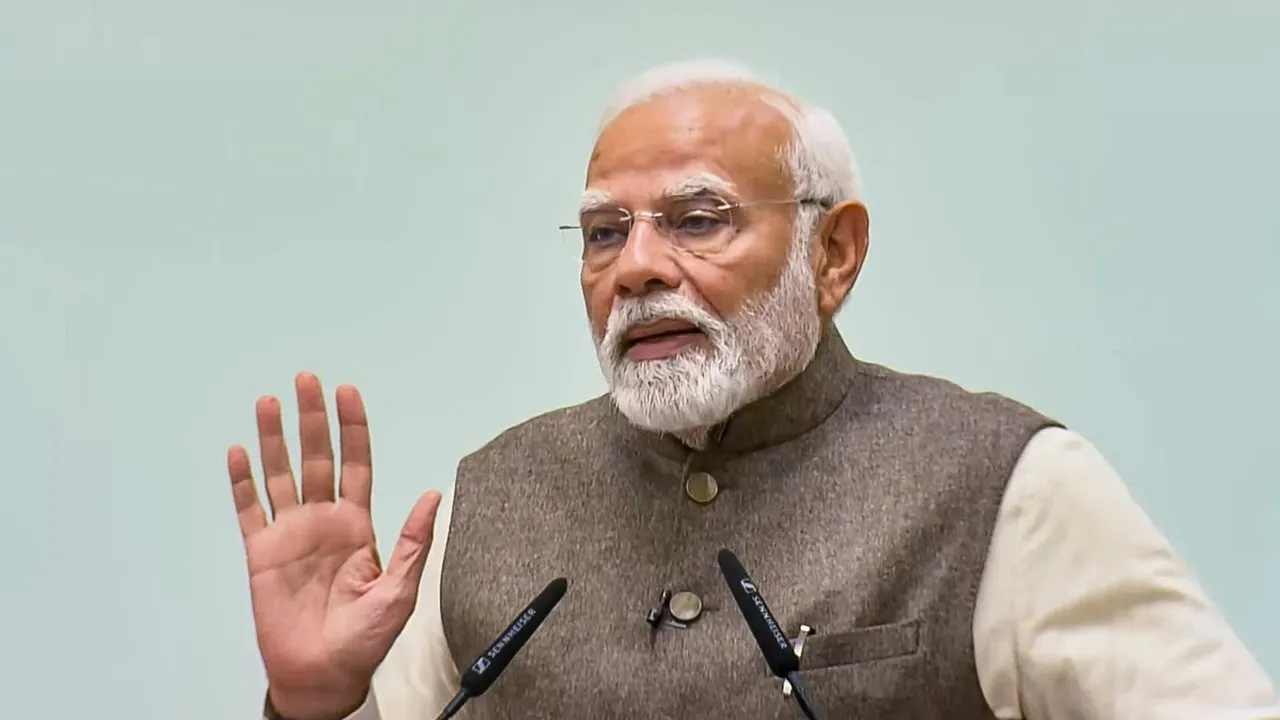 Prime Minister Narendra Modi addresses a gathering as he releases compendium of complete works of great Tamil poet Subramania Bharati on the latter's birth anniversary, in New Delhi, Wednesday, Dec. 11, 2024.