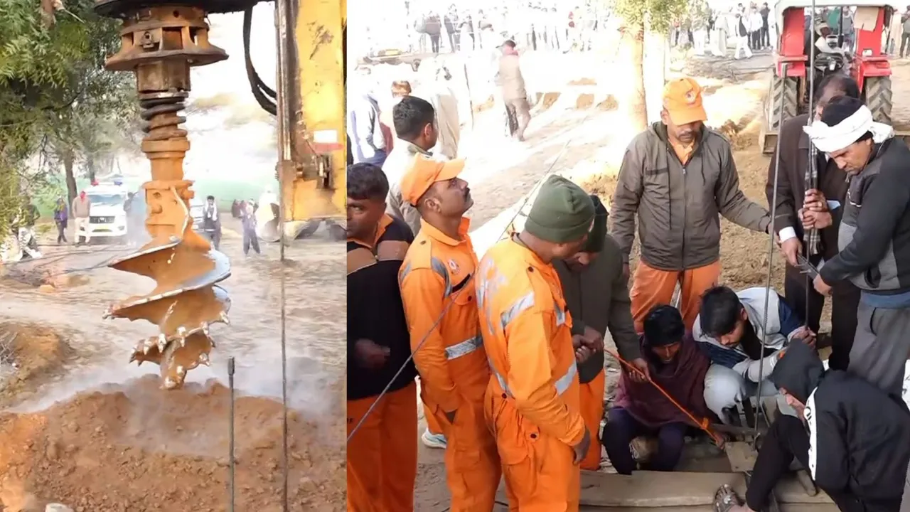 Efforts underway to rescue a five-year-old boy who fell into a borewell, in Dausa, Rajasthan, Wednesday, Dec. 11, 2024.