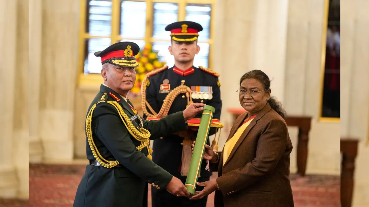 President Droupadi Murmu confers the honorary rank of General of the Indian Army to Nepal's Chief of Army Staff General Ashok Raj Sigdel, at Rashtrapati Bhavan in New Delhi, Thursday, Dec. 12, 2024.