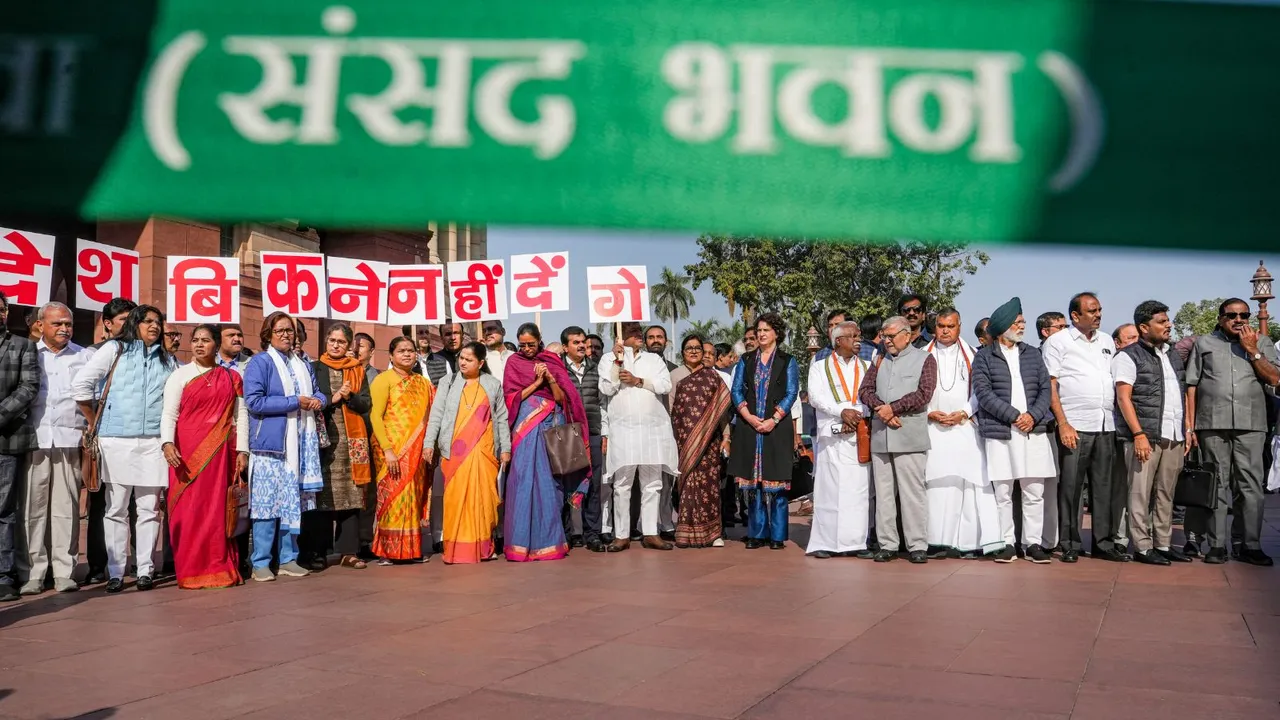 Congress MP Priyanka Gandhi Vadra with other opposition parties' MPs stage a protest demonstration during the Winter session of Parliament, in New Delhi, Thursday, Dec. 12, 2024.