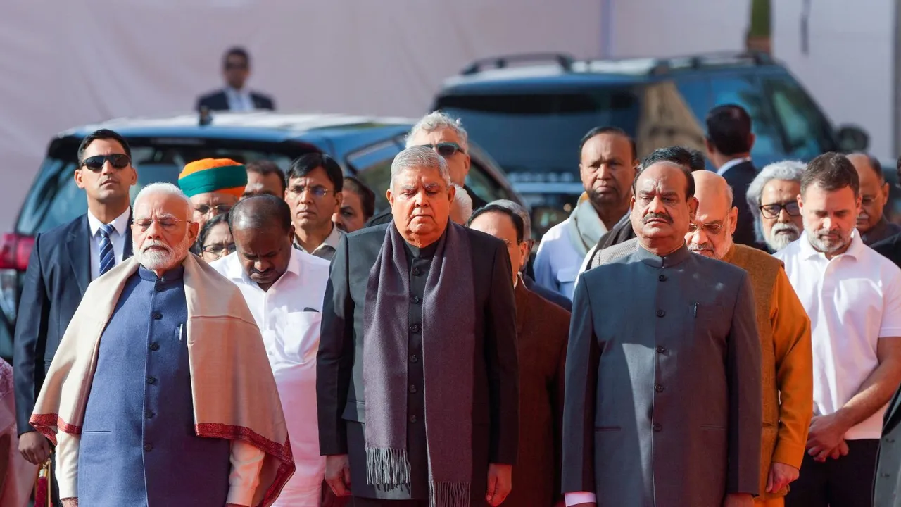 Vice President Jagdeep Dhankhar, Prime Minister Narendra Modi, Lok Sabha Speaker Om Birla, Union Home Minister Amit Shah, LoP in the Lok Sabha Rahul Gandhi, and others pay tribute to the martyrs of the 2001 Parliament attack to mark its 23rd anniversary, at the Parliament in New Delhi, Friday, Dec. 13, 2024.