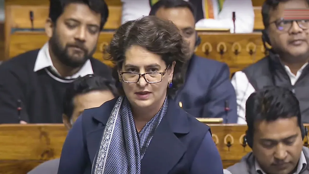 Congress MP Priyanka Gandhi Vadra speaks in the Lok Sabha during a discussion on 75th anniversary of the adoption of the Indian Constitution at the Winter session of Parliament, in New Delhi, Friday, Dec. 13, 2024.