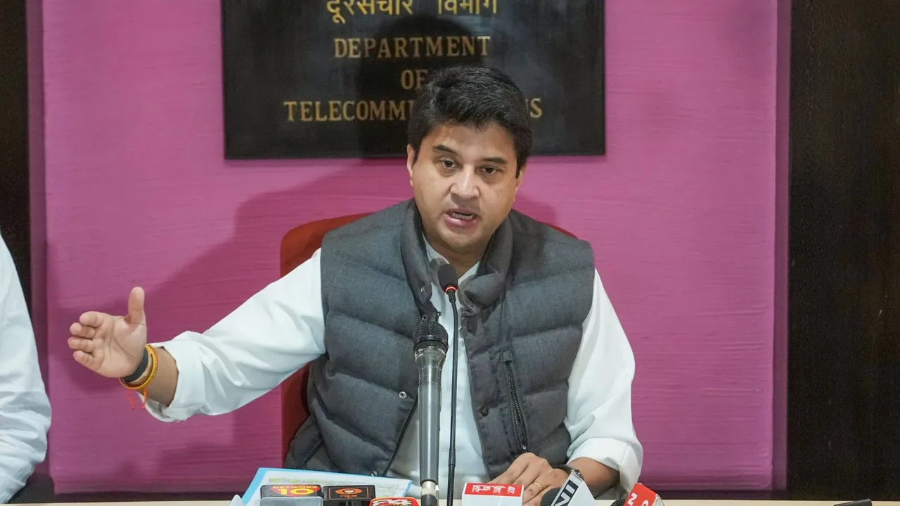 Union Minister Jyotiraditya Scindia addresses a press conference, in New Delhi, Friday, Dec. 13, 2024.