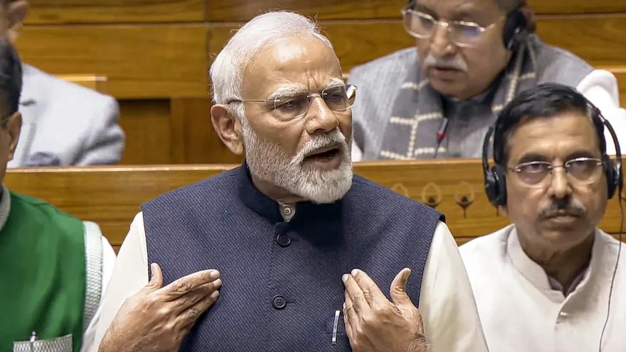 Prime Minister Narendra Modi speaks in the Lok Sabha during the discussion on the 'glorious journey of 75 years of the India Constitution', in the ongoing Winter session of Parliament in New Delhi on Saturday, Dec. 14, 2024.