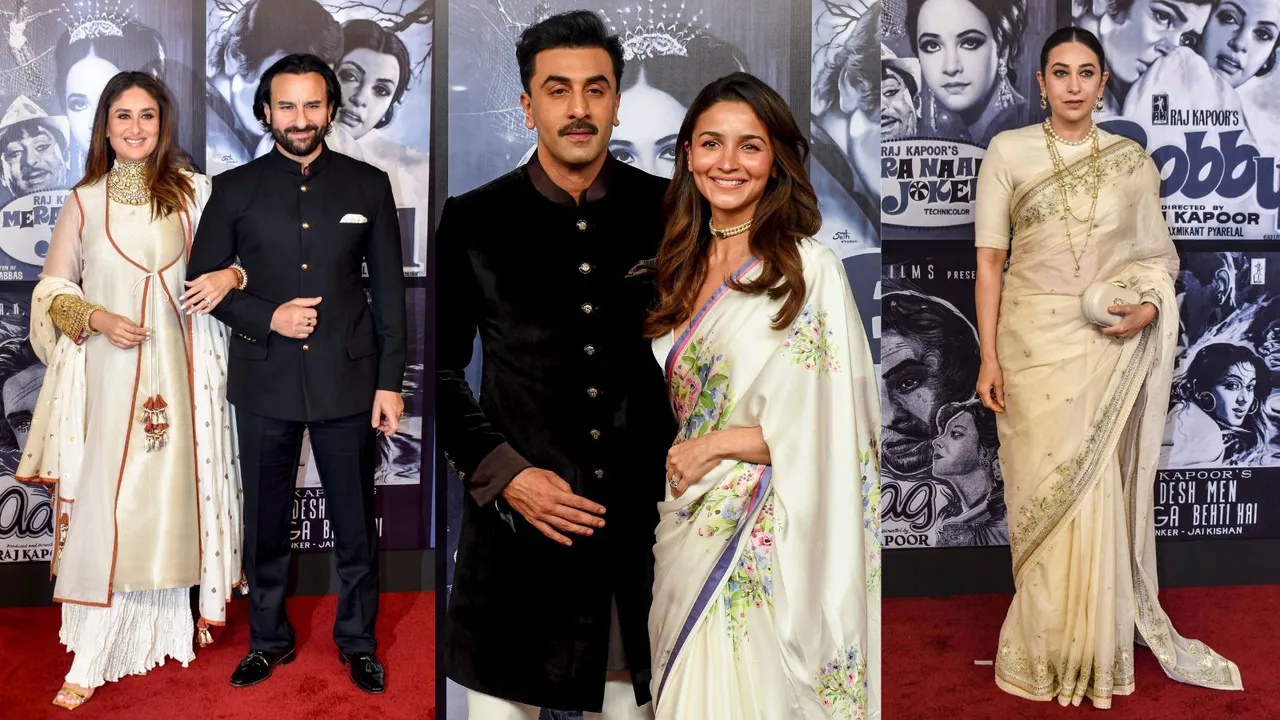 Bollywood actors Kareena Kapoor Khan, Saif Ali Khan, Ranbir Kapoor, Alia Bhatt and Karishma Kapoor during legendary actor and filmmaker Raj Kapoor's birth centenary celebration event, in Mumbai, Friday, Dec. 13, 2024.