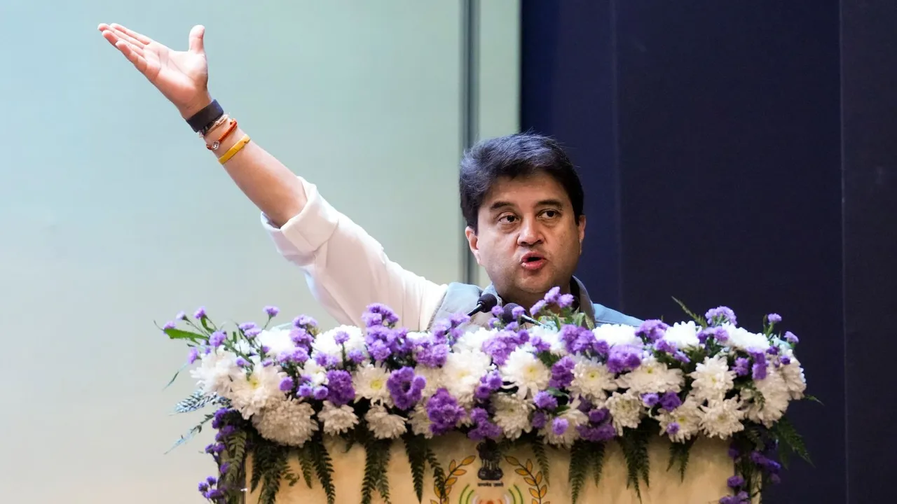 Union Minister of Communications Jyotiraditya M. Scindia speaks during the 50th foundation day function of Indian Post & Telecommunications Accounts and Finance Services, in New Delhi, Saturday, Dec. 14, 2024.