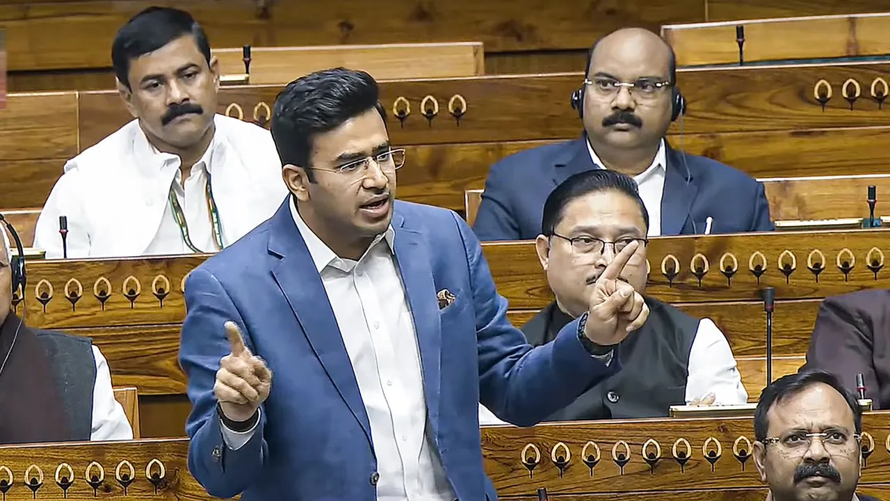 BJP MP Tejasvi Surya speaks in the Lok Sabha during the Winter session of Parliament, in New Delhi, Saturday, Dec. 14, 2024.