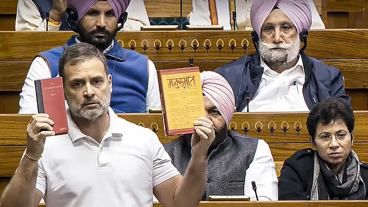 Leader of Opposition in the Lok Sabha Rahul Gandhi speaks in the House during the Winter session of Parliament, in New Delhi, Saturday, Dec. 14, 2024.