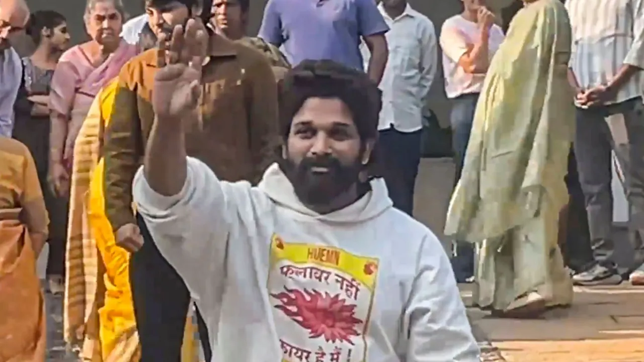 Telugu film actor Allu Arjun greets fans after he was released from the jail, at his residence in Hyderabad, Saturday, Dec. 14, 2024.