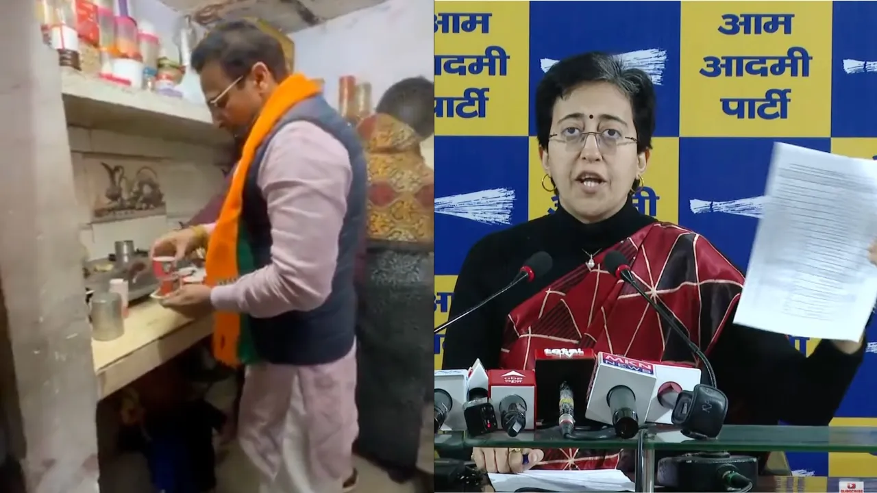 (Left) Delhi BJP general secretary Vishnu Mittal prepares tea for slum dwellers. (Right) Atishi addresses a press conference.